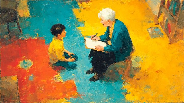 Child therapy session with psychologist listening to young boy