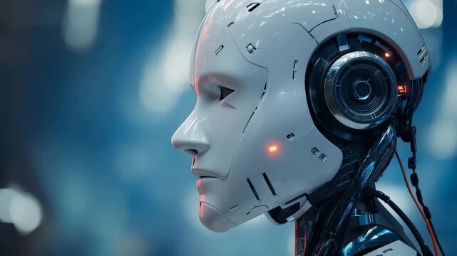 A futuristic robot with glowing lights is shown in a video against a blue background
