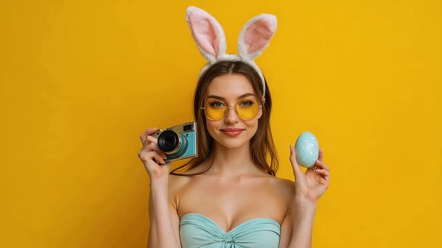 A young woman wearing bunny ears and colorful glasses holds a camera and an Easter egg in a playful video scene.
