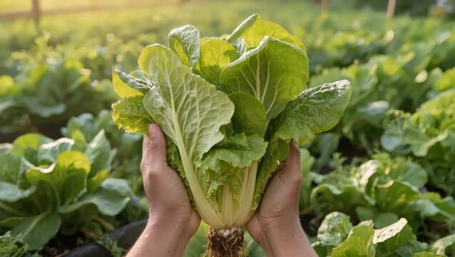 Hands hold a vibrant bunch of freshly harvested lettuce, highlighting garden abundance, healthy eating, and farm-to-table freshness.