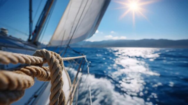 71Close-up of sailboat sails and ropes, vibrant sunlight reflecting off water, summer ocean background, freedom and travel on the open sea