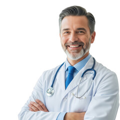 Fototapeta premium Smiling male doctor wearing white coat and stethoscope isolated on transparent background