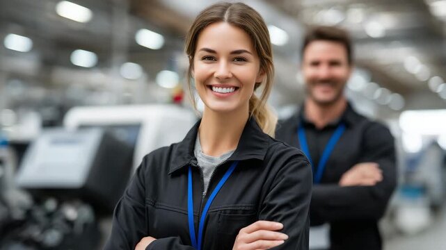 82Young woman factory worker confident pose, arms crossed, male colleague operating automated machine behind her, professional industrial teamwork scenario