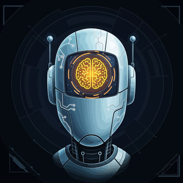 Front View of a Robot Head Displaying a Glowing Orange Brain - AI and Future Tech Symbol