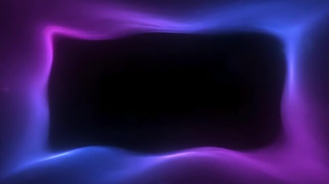 Dynamic abstract neon frame of glowing purple and blue energy flowing in deep space. Versatile futuristic background for titles, logos, text, product showcases, gaming, or sci-fi portal effects.