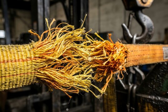 Extreme macro close-up of a snapped and severely frayed industrial nylon lifting sling
