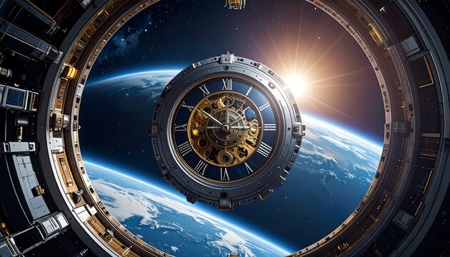 Intricate clock hovers over Earth, viewed through a spaceship window, sun flares in the background, cool tone, futuristic