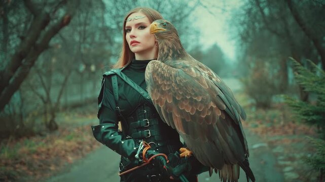 fashion model fantasy woman posing holding white-tailed eagle huge wild bird on hand. Elf girl warrior beauty face. Lady queen hunter black clothes, nature dark trees. Creative Shot wit pet animal.