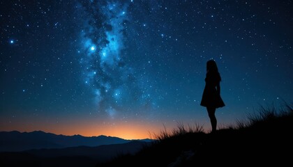 Fototapeta premium Silhouette of a Young Girl Observing a Starry Night Sky with the Milky Way Over a Distant Horizon