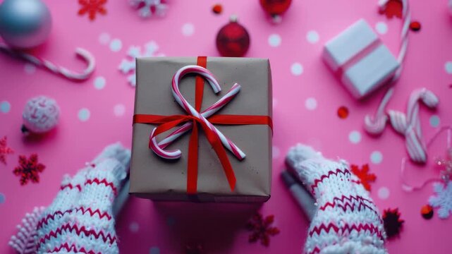Pink background with festive holiday decor. Hands in knitted mittens hold wrapped gift. Red ribbon and candy cane adorn the present. Soft-focus snowflake and candy cane accents