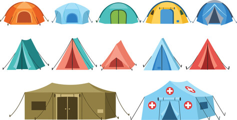 Camping Tent Vector Set Featuring Various Styles like Dome, Ridge, and Medical Tents for Outdoor Adventure and Emergency Shelter Design © sojibislam