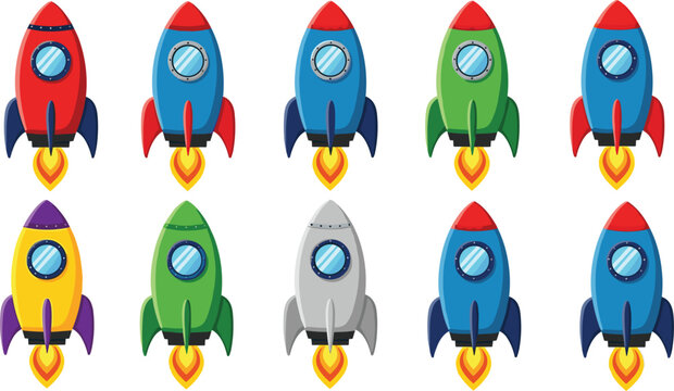 Colorful Rocket Ship Vector Set Featuring Space Shuttle Launch with Fire for Startup, Exploration, and Innovation Concepts