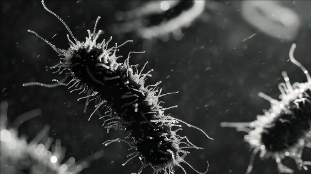 Microscopic view of bacteria in grayscale. Filaments extend from dark, elongated cells. Background shows blurred microbial forms. conveys scientific or medical context