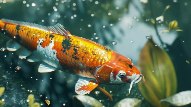 Ornate koi fish swims gracefully through clear water. Bubbles float gently around its vibrant scales. Green aquatic plants sway softly beneath surface. Natural light filters through water