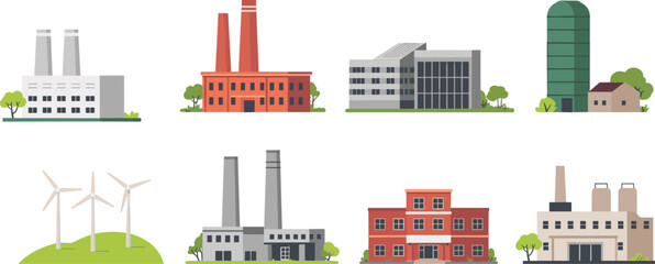 Obraz premium Industrial factories and energy plants vector set, manufacturing buildings, wind turbines, storage silos and power stations for production and infrastructure concepts