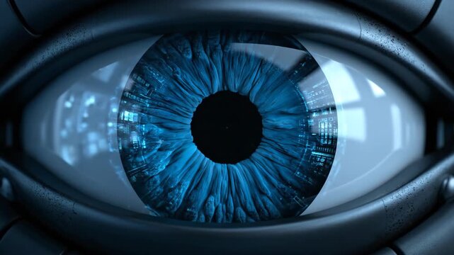 Close-up of futuristic robot eye with blue iris and metallic structure, science concept.
