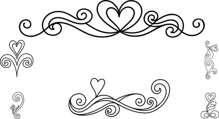 Fototapeta premium Black and white silhouette heart designs with swirling patterns and floral motifs