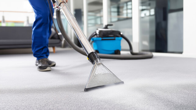 Worker cleaning a gray carpet with a professional extraction machine, providing deep cleaning and hygiene for commercial spaces