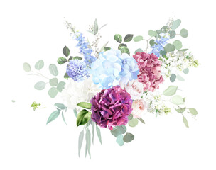 Bright roses, white lilac, hydrangea, hyacinth, ranunculus, greenery and branches floral vector bouquet. Bold colored watercolor. Blooming garden. Spring florals. Elements are isolated and editable © lavendertime