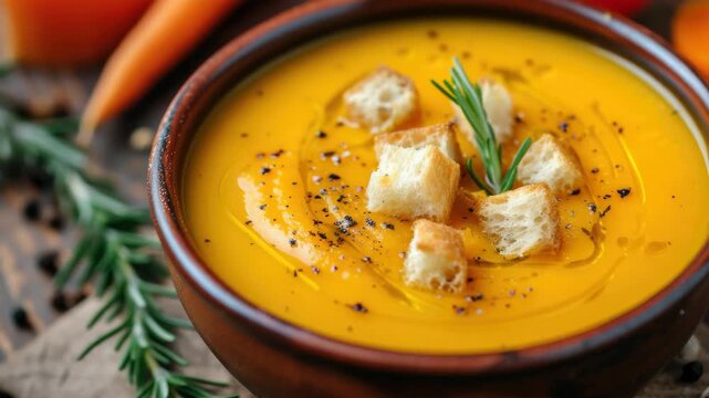 Rich orange soup in rustic bowl. Croutons float atop creamy broth. Fresh rosemary sprig adds fragrant touch. Black pepper specks enhance visual appeal. Warm lighting highlights textures