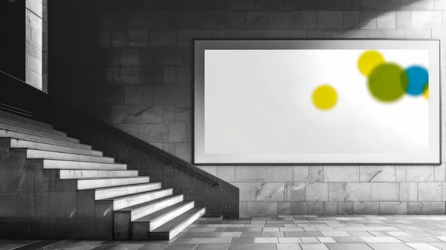 Black-and-white urban staircase leads to blank wall. Solemn stone steps ascend beside stark advertisement space. Bright spot of color breaks monochrome mood. Concrete walls echo quiet urban solitude