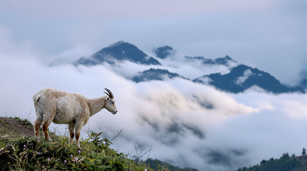 mountain goat on top of mountains with beautiful fog