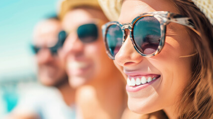 Naklejka premium Happy woman wearing sunglasses, smiling brightly, enjoying outdoor summer day with people in background
