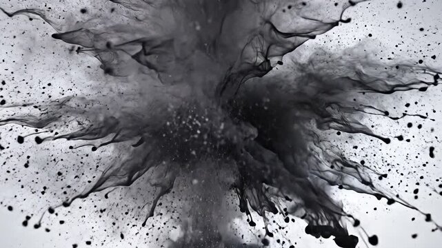 Explosion of Black Powder Against White Background Dynamic Abstract Motion.
