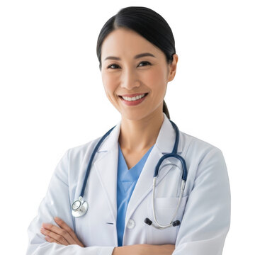 Smiling asian female doctor wearing a white coat and stethoscope isolated on transparent background