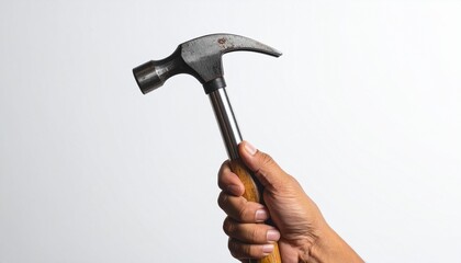 Close up photo of a hand holding a hammer on a plain white background