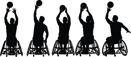 Wheelchair basketball silhouettes, adaptive sports athletes, inclusive basketball players, disabled athletes shooting ball, diversity in sports, accessibility, teamwork, competition, empowerment © ABU