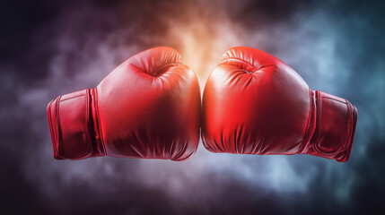 Red boxing gloves confronting in dramatic smoky arena, symbolizing challenge, competition, and strength