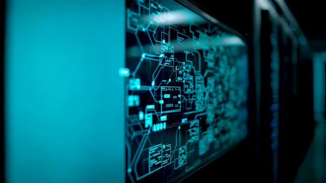 Transparent glass screen filled with glowing blue mathematical equations formulas graphs and scientific diagrams in dark setting