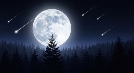 Fototapeta premium Night sky scene with full moon and shooting stars over a silhouetted forest