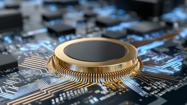 High-detail macro shot of a round coin battery on PCB, gold and copper pathways surrounding the battery, advanced electronics assembly theme