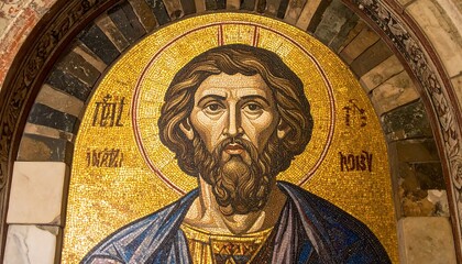 Mosaic depiction of bearded man with halo, Greek text inscriptions above, framed by arch in shades of tan and brown
