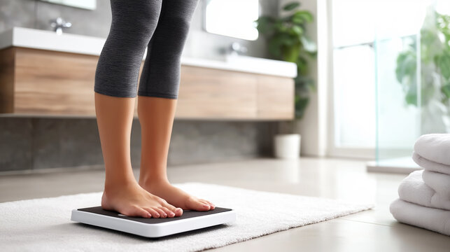 Woman standing on a bathroom scale, checking her weight for health and fitness goals in a modern home