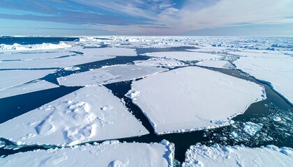 Floating sea ice plates drifting across freezing polar ocean showing climate change arctic environment
