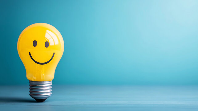 Yellow light bulb having smiling face expressing good idea and positive thinking on blue background