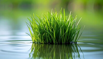 Fresh green grass sprouting from calm water surface symbolizing growth and nature balance