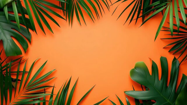 Tropical leaves frame vibrant orange background. Green palms and monstera create natural border. Fresh, exotic foliage offers bold, warm composition. Perfect for vacation, summer