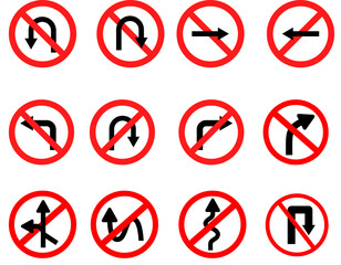 Collection of twelve red circular prohibition signs with black arrows indicating various disallowed road movements and turns.