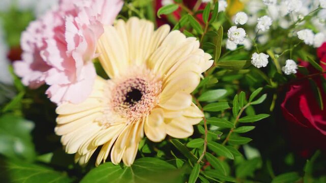 Macro view of colorful flower bouquet slowly rotating in bright natural light. Fresh decorative flowers with soft petals and green foliage.