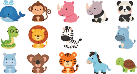 Cute cartoon animal collection including whale monkey rhino panda zebra lion tiger koala horse turtle snake hippo vector illustration set © Daloara PNG Store