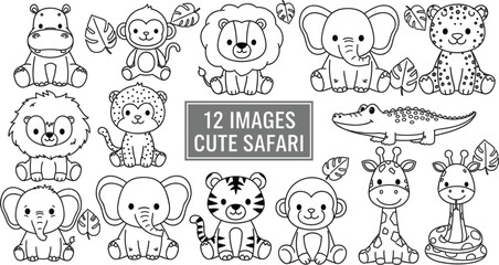 Cute safari animals coloring page collection with lion elephant monkey giraffe tiger crocodile leopard hippo cartoon outline vector illustration set © Daloara PNG Store