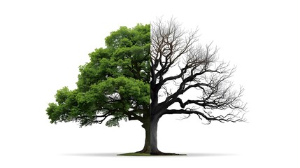 Obraz premium Conceptual Tree Split with Half Green Leaves and Half Bare Winter Branches Isolated on White