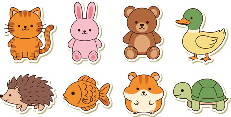 Obraz premium Cute Cartoon Animal Sticker Vector Set with Cat Rabbit Bear Duck Hedgehog Fish Hamster and Turtle