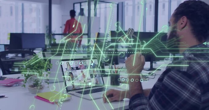 Man joining office laptop call to collab, drinking tumbler, following peer to windows HUD pulsing