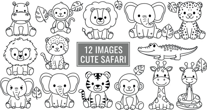Cute safari animals coloring page collection with lion elephant monkey giraffe tiger crocodile leopard hippo cartoon outline vector illustration set