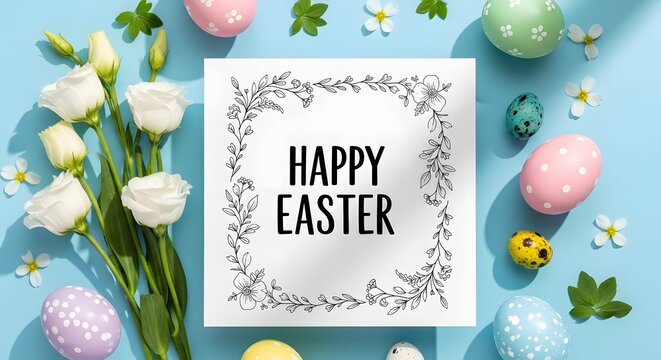 Happy easter sunday greeting with colorful eggs and flowers